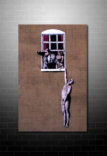 Banksy Canvas Window art print, banksy hanging from window, banksy canvas art, banksy wall art. banksy cnavas print